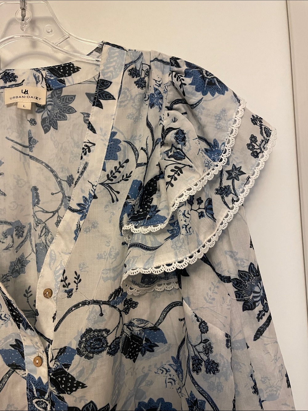 Blue Floral Button-Front Ruffle Blouse - Picture 3 of 7